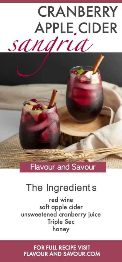 Pinterest graphic for Cranberry Apple Cider Sangria with ingredients list