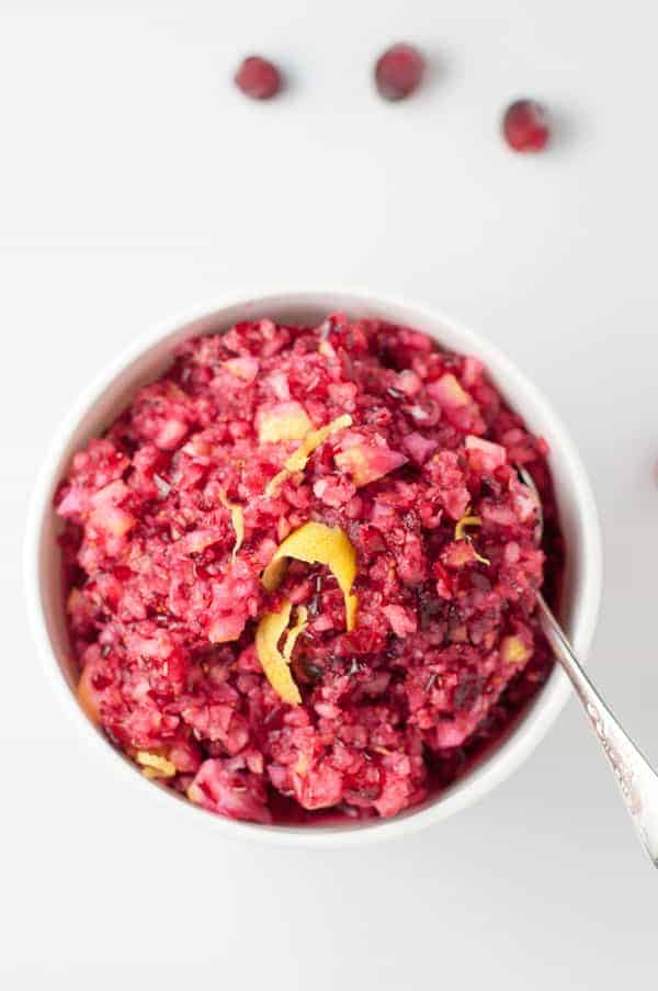 A bowl of Cranberry Lemon and Pear Relish.