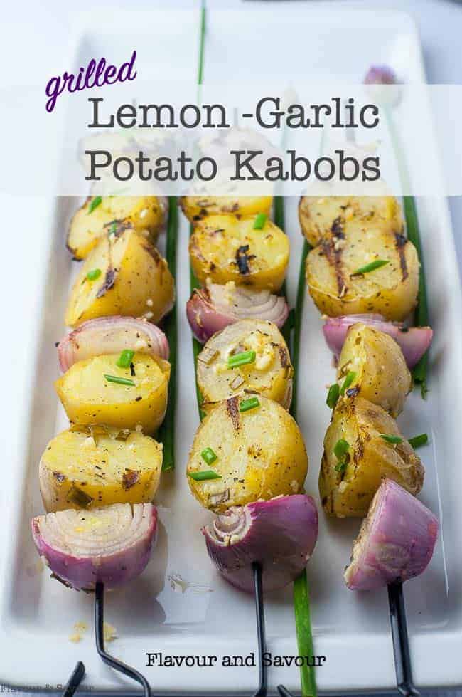 Grilled Lemon Garlic Potato Kabobs on skewers