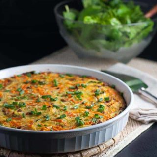 Paleo Kohlrabi Sausage Quiche. Super easy weeknight meal! A crustless quiche, made with healthy kohlrabi and carrots and flavoured with spicy chorizo sausage or bacon. |www.flavourandsavour.com