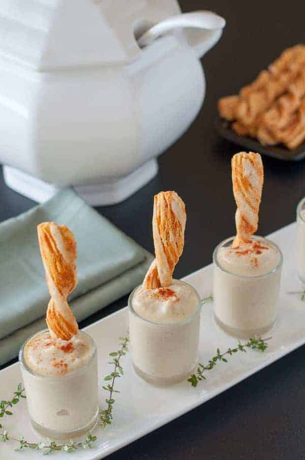 Roasted Cauliflower Soup Shots in small shooter glasses