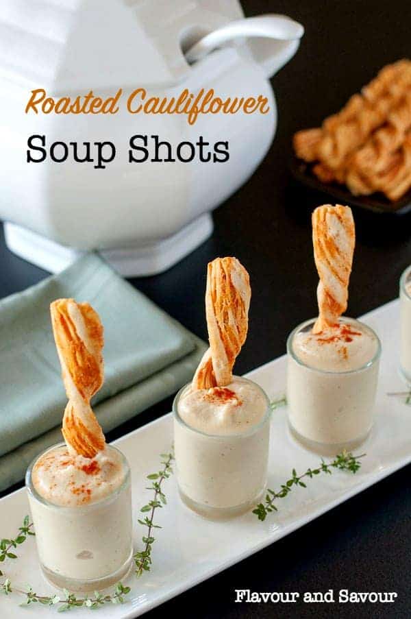 Roasted Cauliflower Soup Shooters in shot glasses