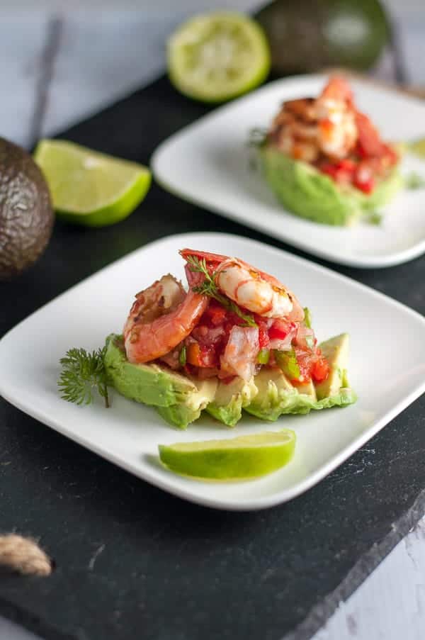 Grilled Chili Lime Shrimp with Fresh Salsa and Avocado. 