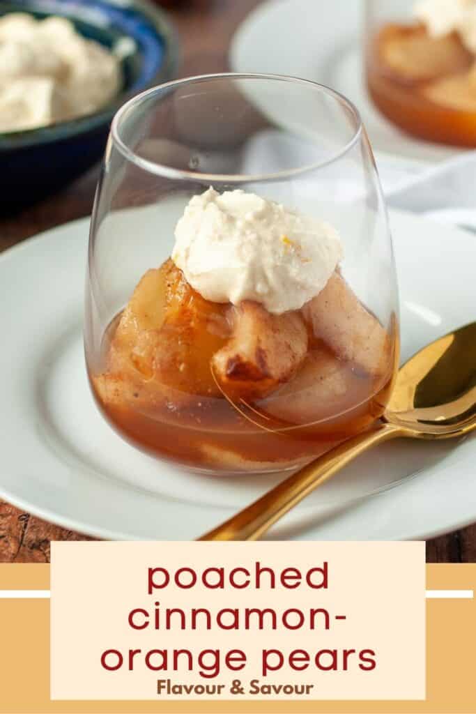 image with text overlay for poached cinnamon orange pears
