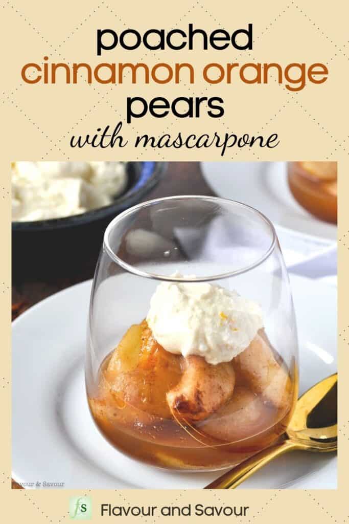 Image of poached cinnamon orange pears with text