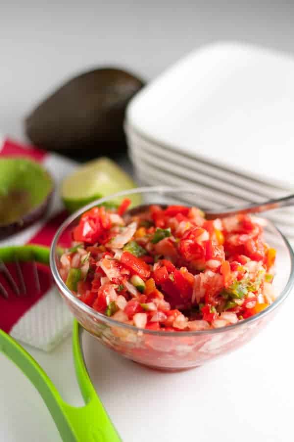 Fresh Salsa or Pico de Gallo for Grilled Chili Lime Shrimp with Fresh Salsa appetizer.