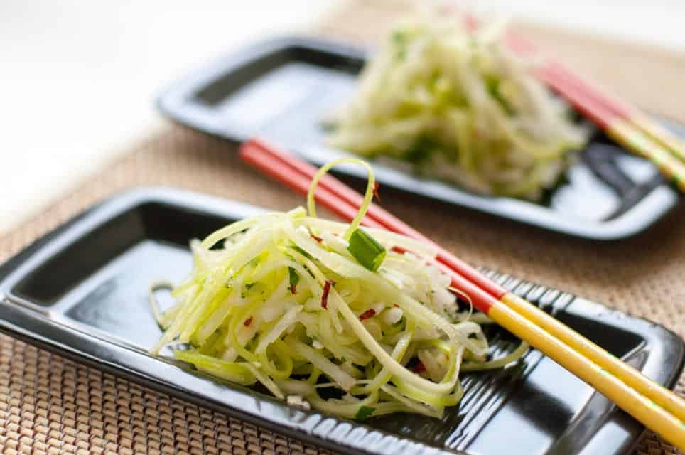 Asian Pear Slaw with Ginger and Lime with chopsticks