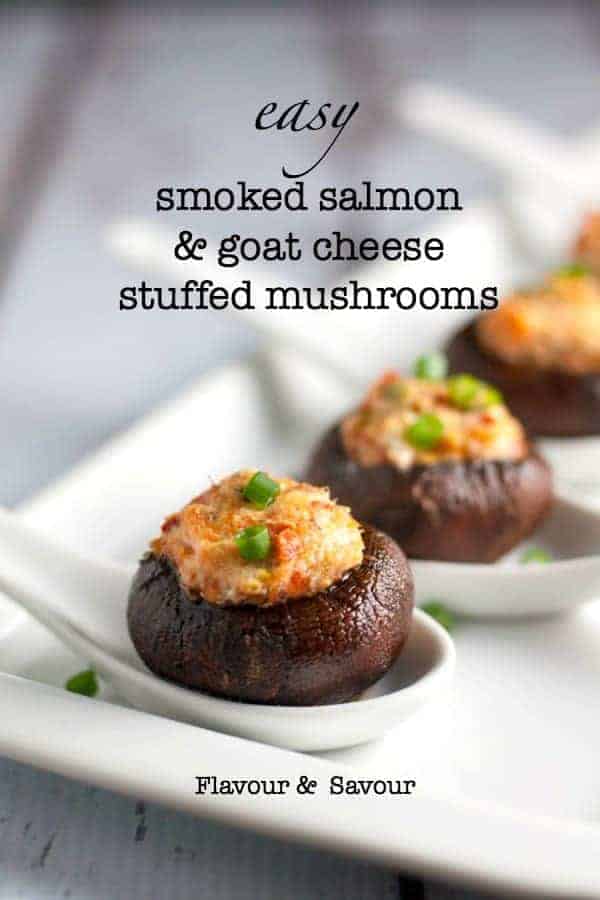 Easy Smoked Salmon and Goat Cheese Stuffed Mushrooms on china spoons