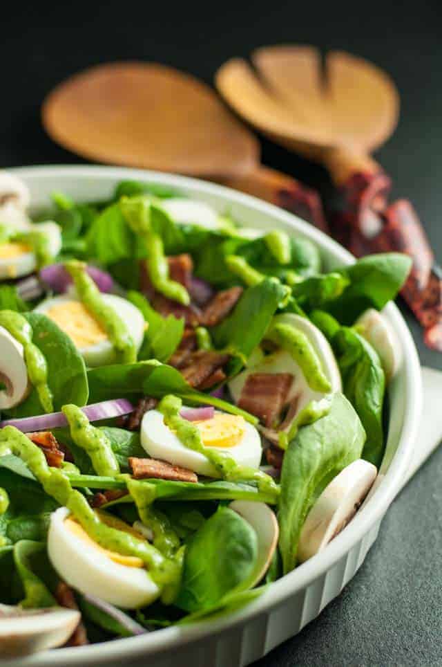 Classic Spinach Salad with Creamy Avocado Dressing.