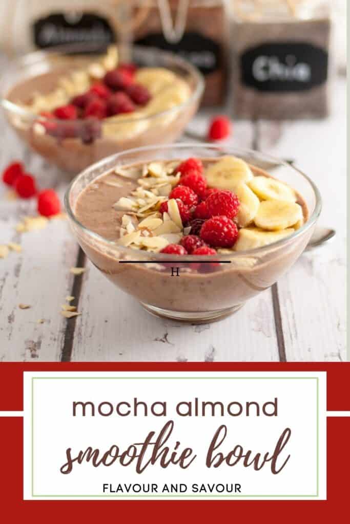 image with text for mocha almond smoothie bowlo