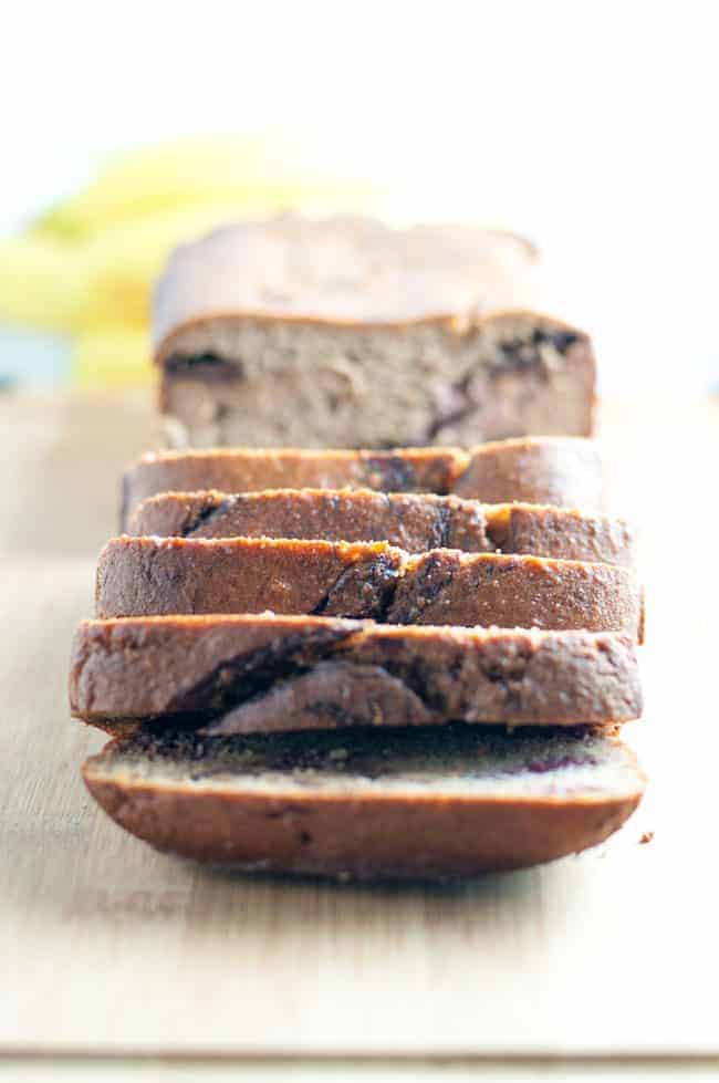 Close up view of slices of chocolate swirl banana bread