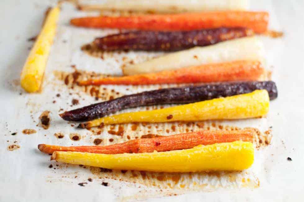 Easy Roasted Carrots with Honey-Ginger Glaze. A quick and easy side dish with bright flavours from fresh ginger and chili flakes. 
