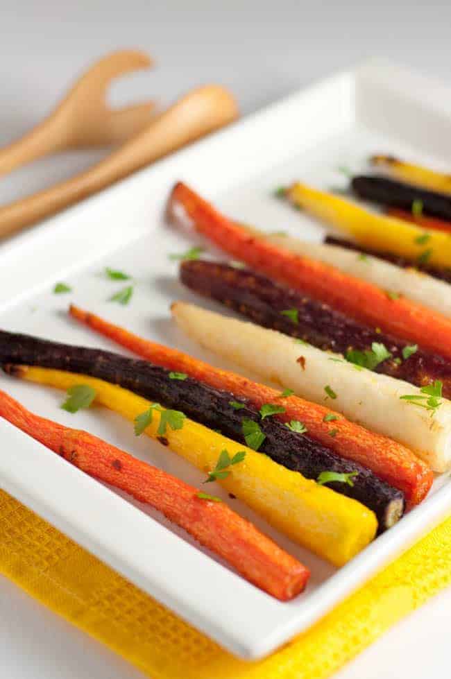 Easy Roasted Carrots with Honey-Ginger Glaze. A quick and easy side dish with bright flavours from fresh ginger and chili flakes.