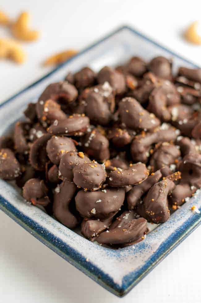 Sweet and Sea Salty Cashews in a square dish