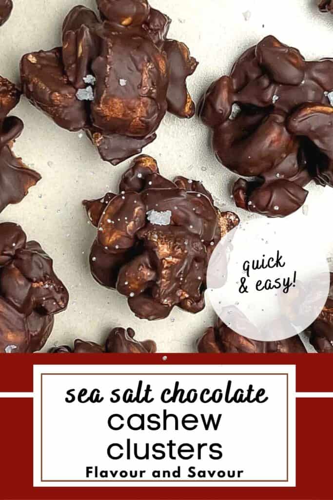Image with text for sea salt chocolate cashew clusters.