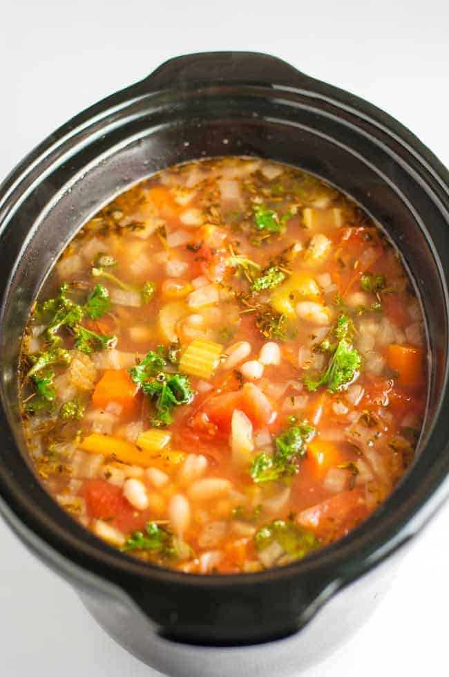 One-Pot Healthy Tuscan Minestrone Soup in a slow cooker.