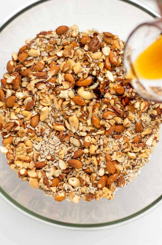 Cherry granola in a mixing bowl.