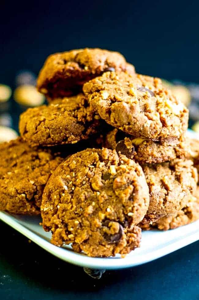 Favourite Gluten-Free Peanut Butter Chocolate Cookies. Made with almond flour, coconut palm sugar, peanuts and chocolate chips.