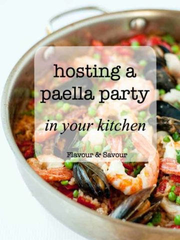 How to host a Paella Party in your kitchen. Tips for making paella, a traditional Spanish rice and seafood dish.