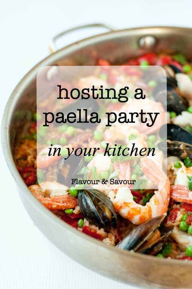 How to host a Paella Party in your kitchen. Tips for making paella, a traditional Spanish rice and seafood dish.