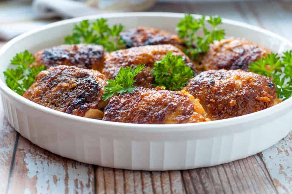 One Pan Spicy Miso-Ginger Chicken Thighs garnished with parsley 