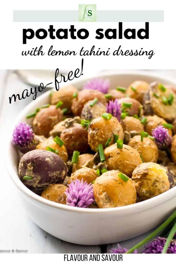 Image with text overlay for potato salad with lemon tahini dressing