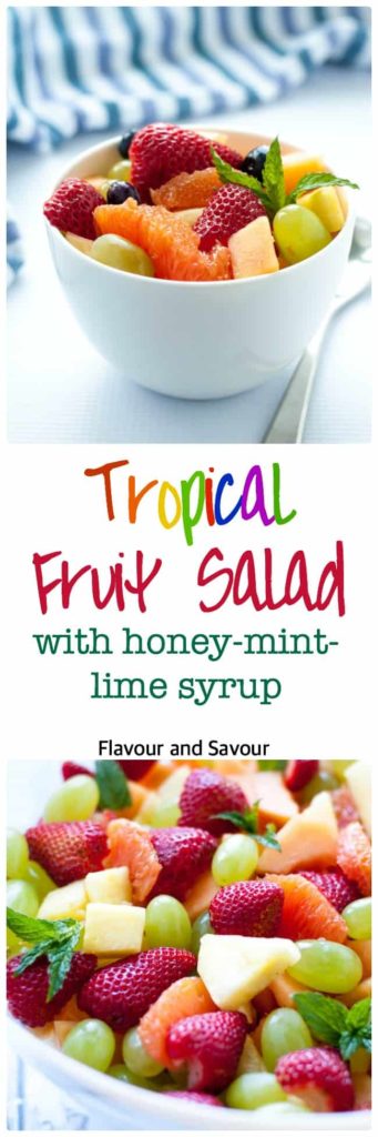 Tropical Fruit with Honey Mint Lime Syrup. This is a crowd-pleasing dessert. It's gluten-free, dairy-free and sugar-free! Fresh colourful fruits tossed with a light honey mint lime dressing makes an ideal potluck offering or dessert for your next barbecue.