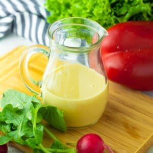 a small pitcher of lemon tahini dressing