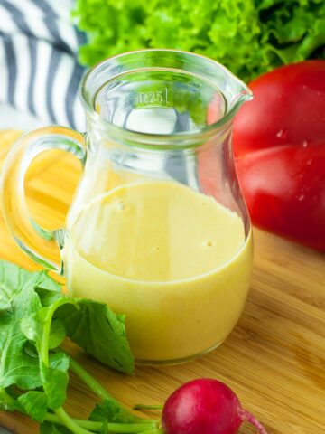 a small pitcher of lemon tahini dressing