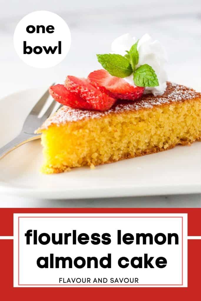 image with text for flourless lemon almond cake.