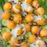 Melon Cucumber Salad with Creamy Greek Yogurt Dill Dressing, overhead view