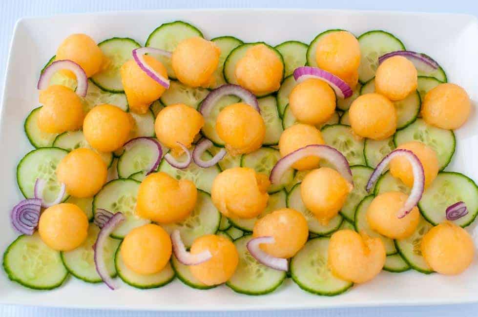 Melon Cucumber Salad with Creamy Greek Yogurt Dill Dressing. 