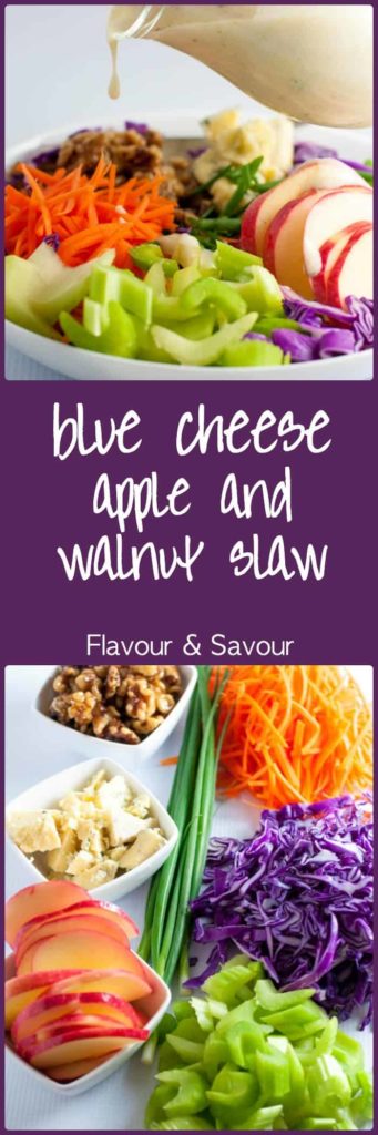 This Blue Cheese Apple and Walnut Slaw has it all! Colour, crunch, contrasting flavours and a creamy Greek yogurt dressing. Overflowing with Vitamin C! |www.flavourandsavour.com