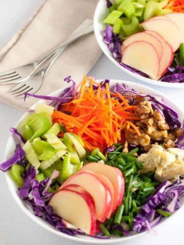 This salad has it all! Colour, crunch, contrasting flavours and a creamy dressing! Blue Cheese, Apple and Walnut Slaw from Flavour and Savour.