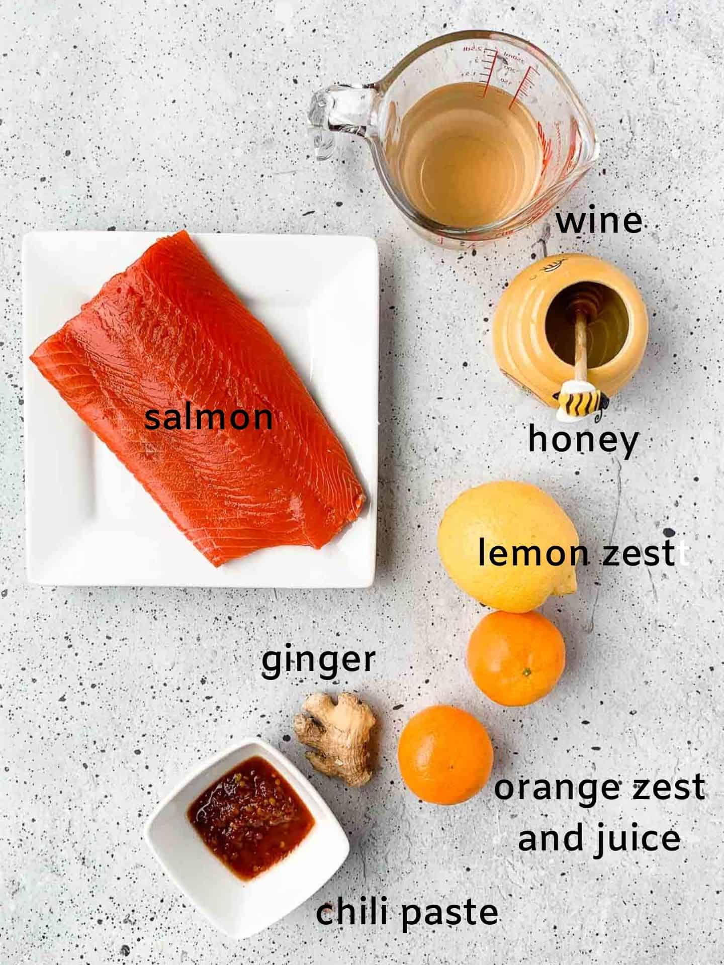Labeled ingredients for Citrus Chardonnay Glazed Salmon