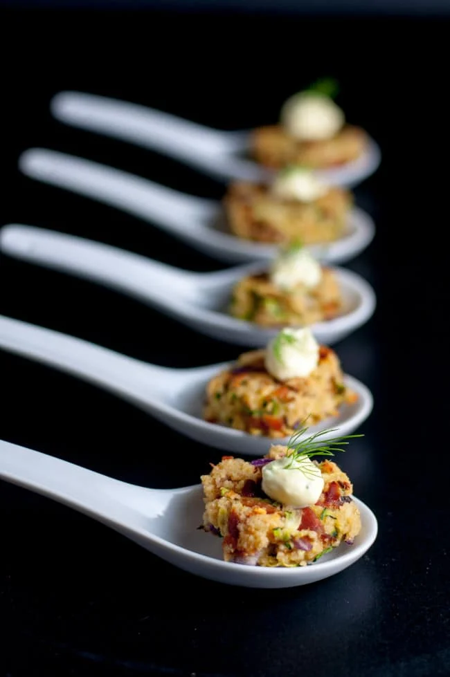 These Smoked Salmon Zucchini Cakes with Lemon Dill Dip make a healthy savoury appetizer. They're baked, not fried! Crispy little fritters with a piquant dip. |www.flavourandsavour.com