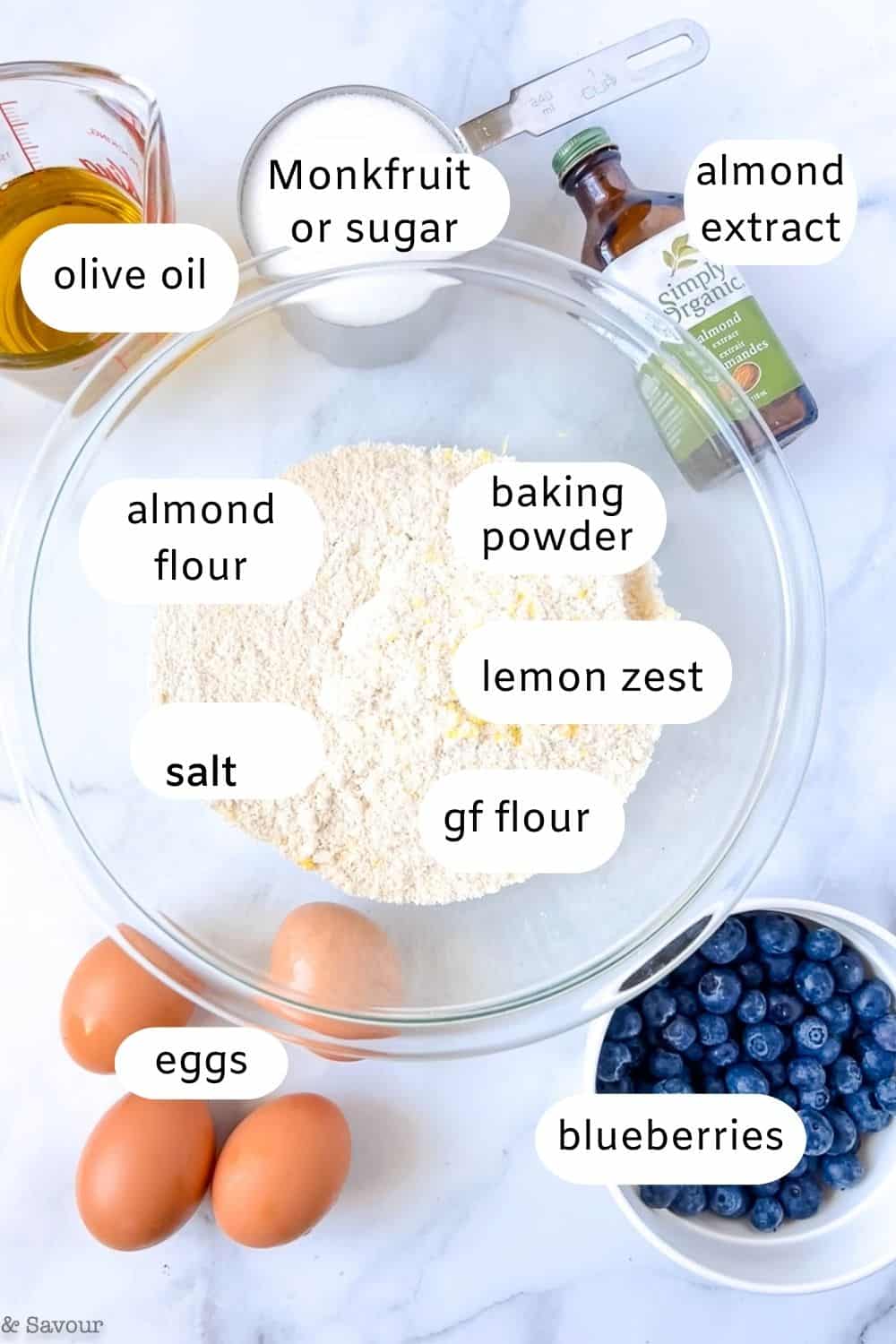 Labelled ingredients for gluten-free blueberry lemon coffee cake.