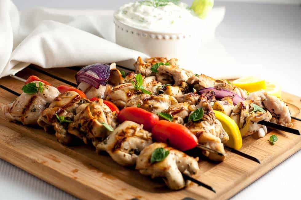 Easy Greek Lemon Chicken Kabobs with Tzatziki Sauce. One of 3 easy chicken meals to marinate, freeze and bake.