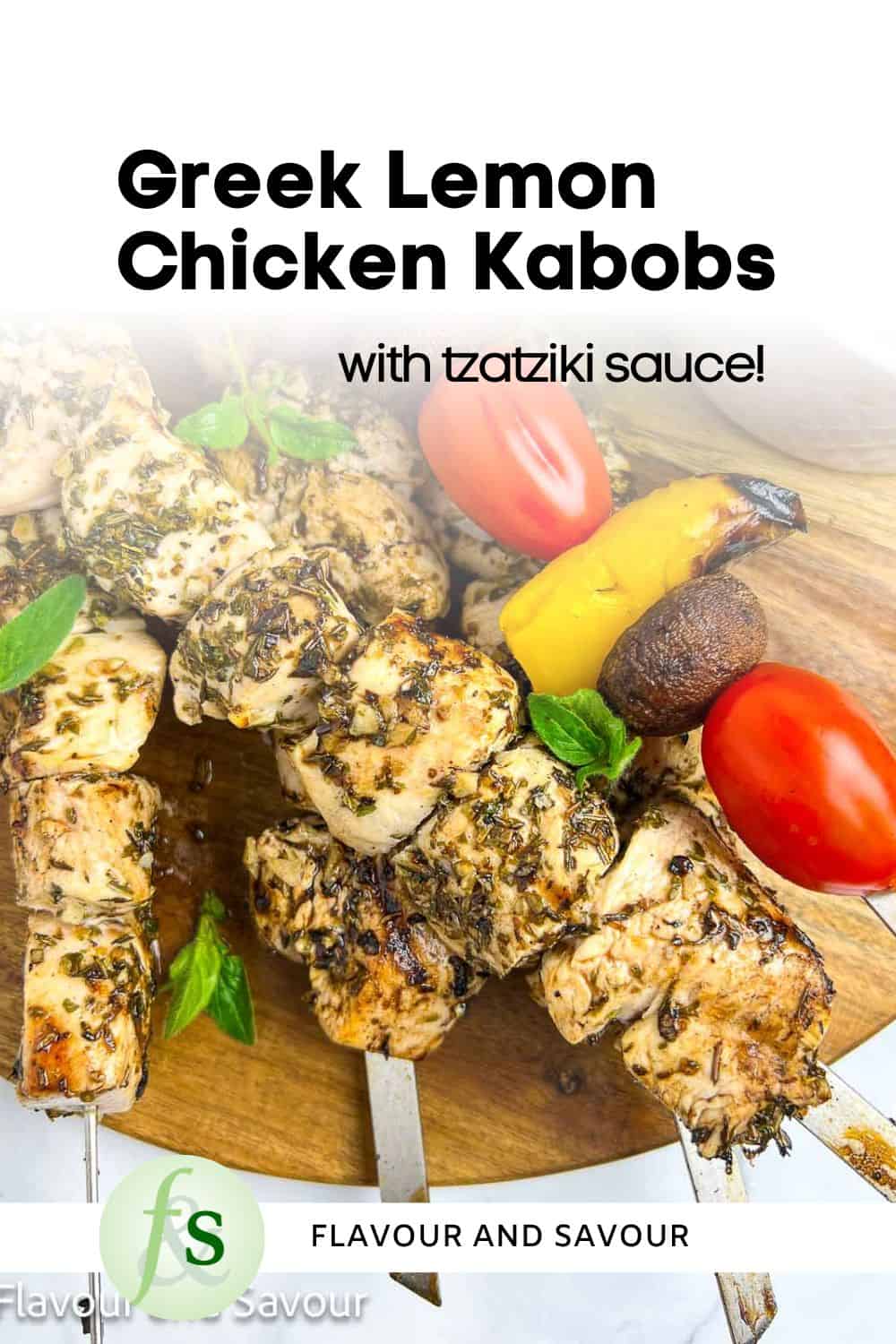 Image with text for Greek Lemon Chicken Kabobs.