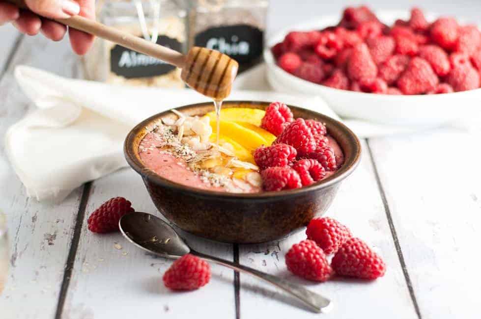 Healthy Peach Melba Smoothie Bowl. 