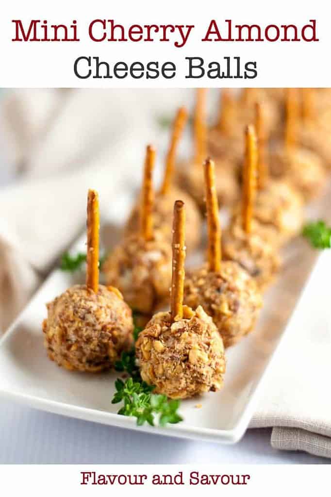 Mini Cherry Almond Cheese Balls on Pretzel Sticks