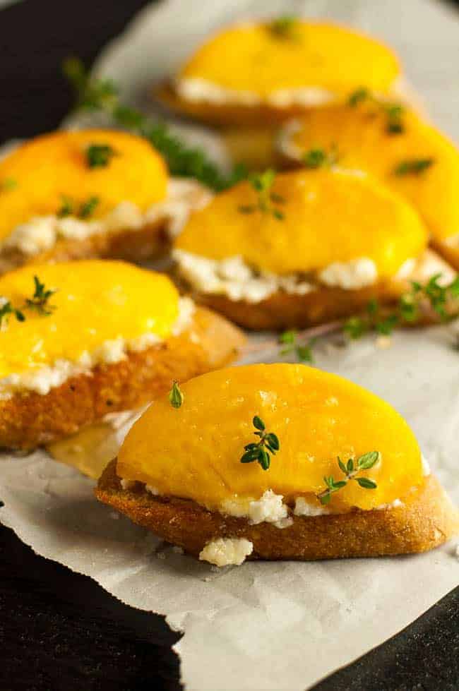 Lemon Ricotta Crostini with Honeyed Peaches. 