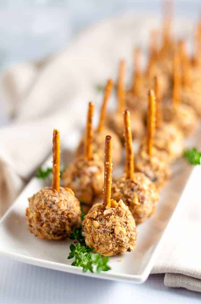 Mini Cherry Almond Cheese Balls on a Pretzel Stick