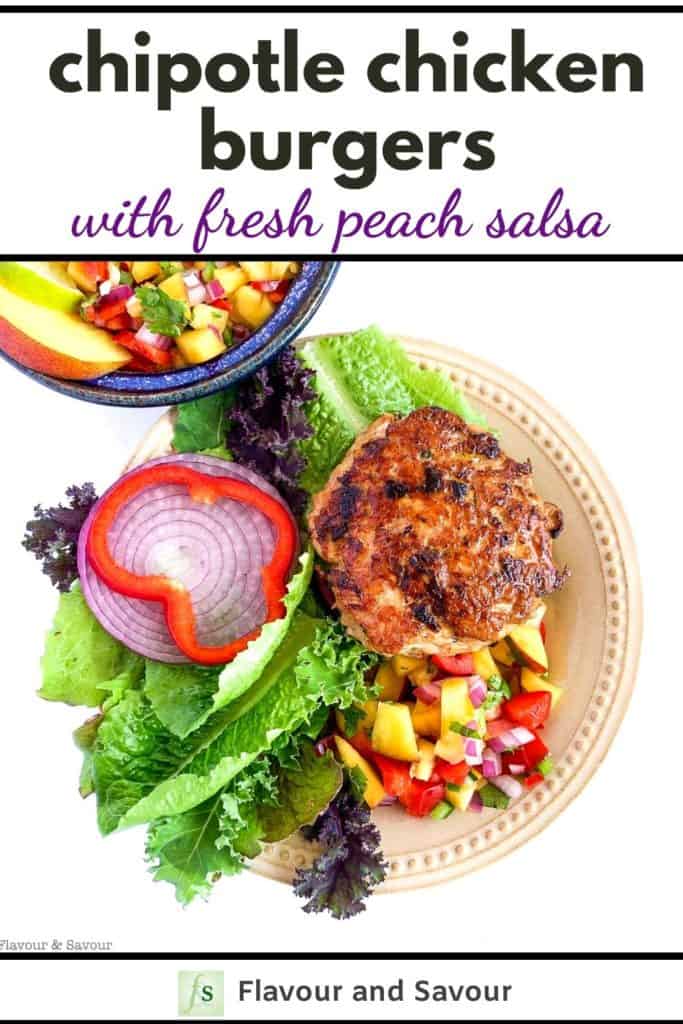 Chipotle Chicken Burgers with Fresh Peach Salsa with text overlay