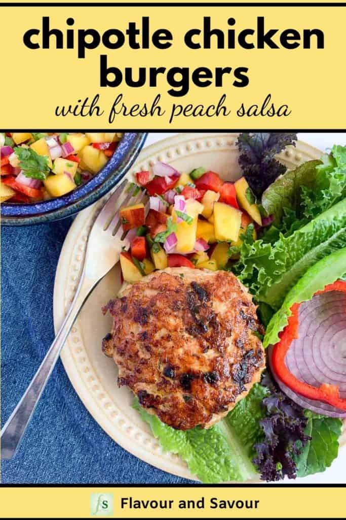 Pinterest Pin for Chipotle Chicken Burgers with fresh Peach Salsa