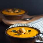 Chipotle Sweet Potato Soup with Polenta Croutons and Toasted Sage Leaves. Warm velvety soup with a hint of smoky heat. Vegan and paleo. |www.flavourandsavour.com
