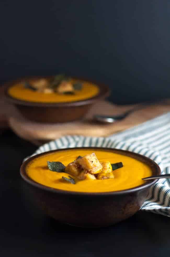 Chipotle Sweet Potato Soup with Polenta Croutons and Toasted Sage Leaves. A comforting homemade dairy-free soup recipe. Vegan and paleo. |www.flavourandsavour.com