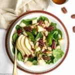 Overhead image of Harvest Quinoa Salad with Cranberries and Pears on a red rimmed plate