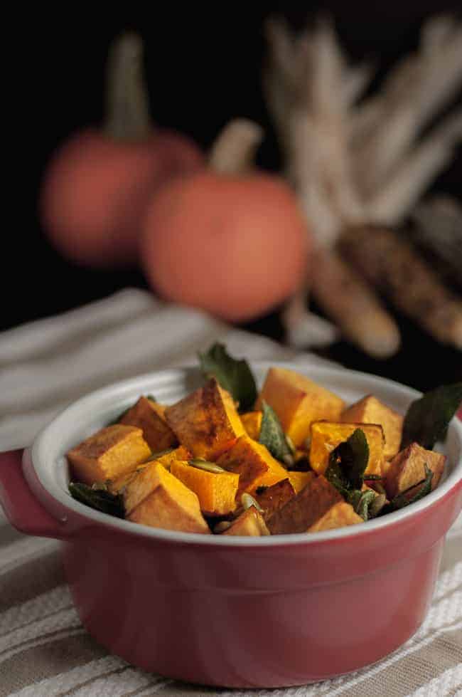 Roasted Butternut Squash with Toasted Sage and Pumpkin Seeds. This side dish of Butternut squash with sage and pepitas is an easy way to make your favourite squash sublime! Adding toasted sage leaves and pumpkin seeds heightens the buttery flavour of the squash. |www.flavourandsavour.com