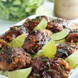 This recipe for 4-Ingredient Honey Lime Chili Chicken Thighs makes an easy weeknight meal. Just combine lime, garlic, chili powder and honey to make this sweet, spicy and succulent glaze! Great when served with Pineapple Jicama Salad! |www.flavourandsavour.com